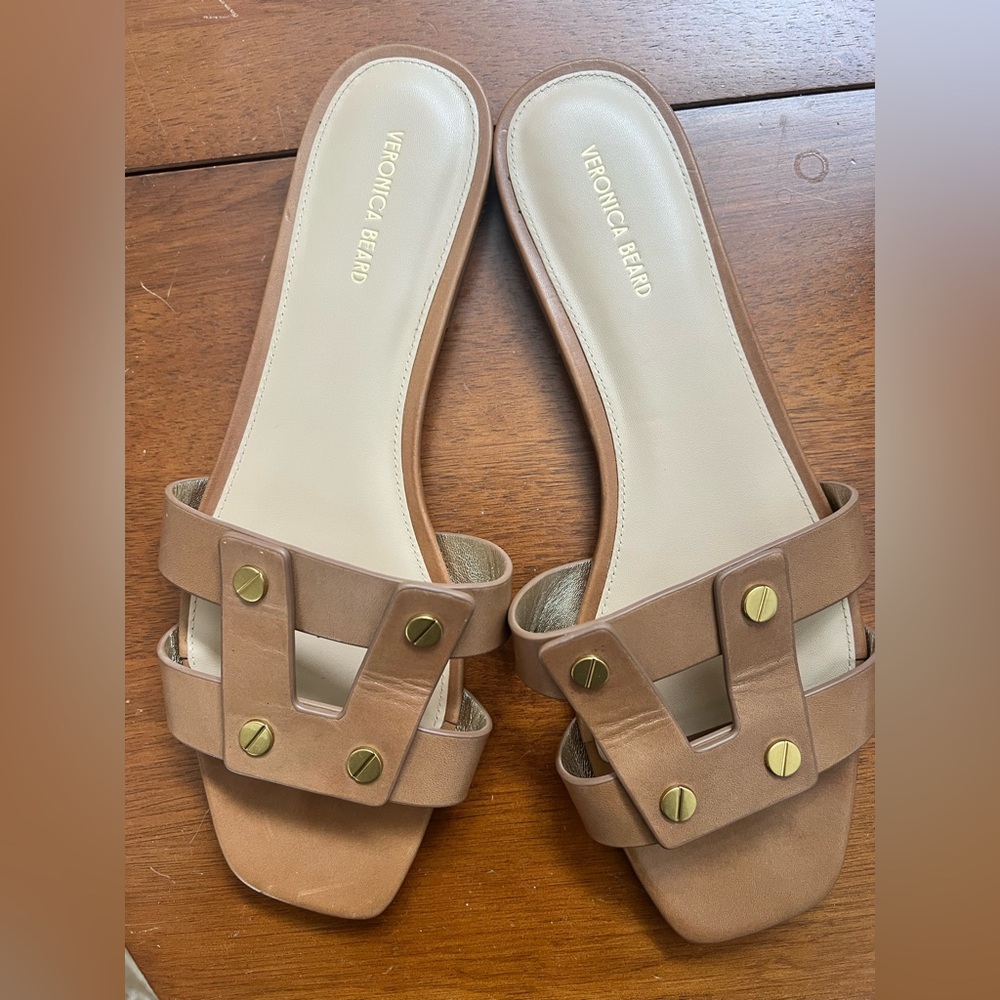 Veronica Beard Via Slide Sandal Tan Leather Studded Flat Women Size 10